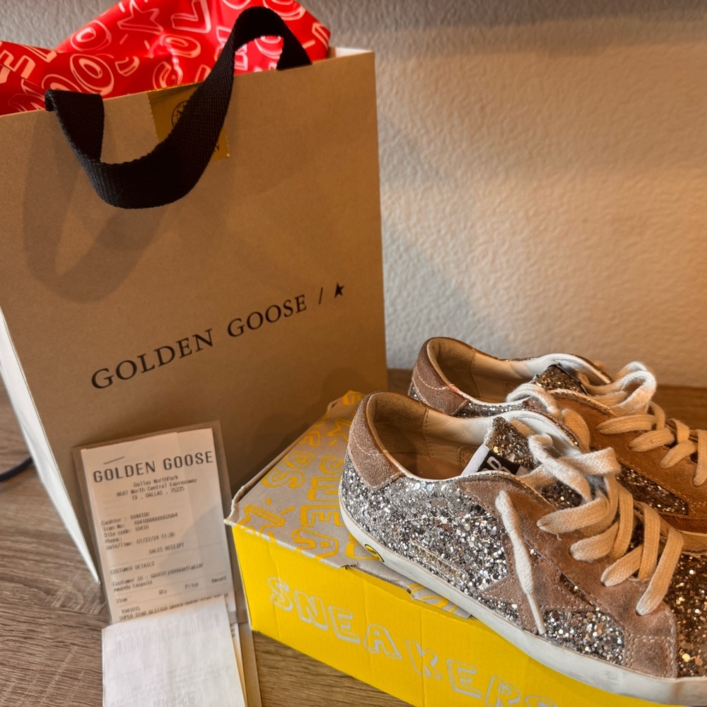 Golden Goose Brown and Silver Sneakers with Glitter Finish